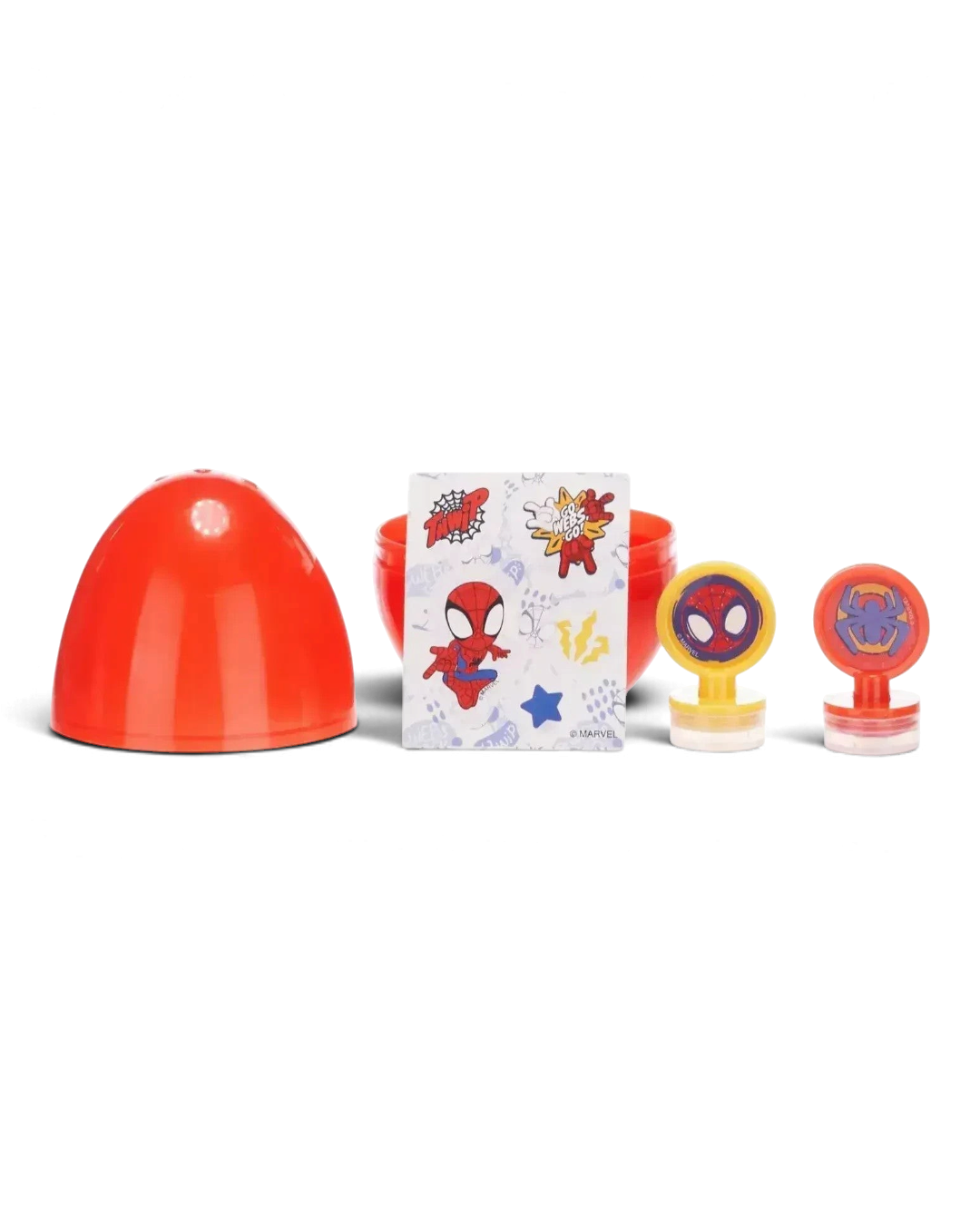 Marvel Spidey and Friends Surprise Egg contents showing a sticker sheet and two character stamps.