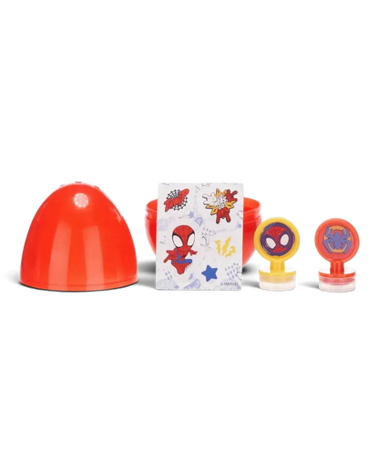 Marvel Spidey and Friends Surprise Egg contents showing a sticker sheet and two character stamps.