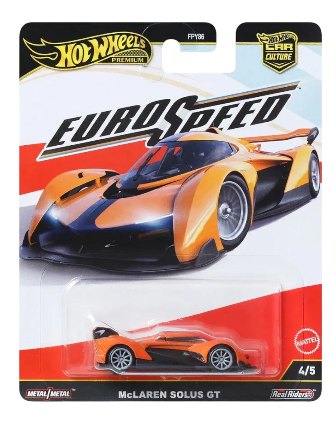 VaultifyUK Hot Wheels Premium Car Culture EuroSpeed McLaren Solus GT die-cast car in orange and black packaging.