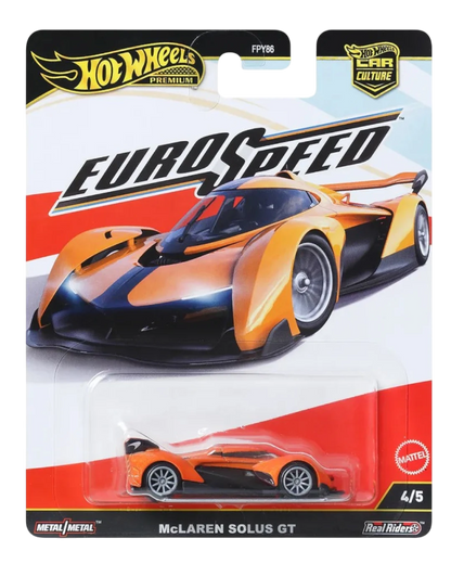 VaultifyUK Hot Wheels Premium Car Culture EuroSpeed McLaren Solus GT die-cast car in orange and black packaging.