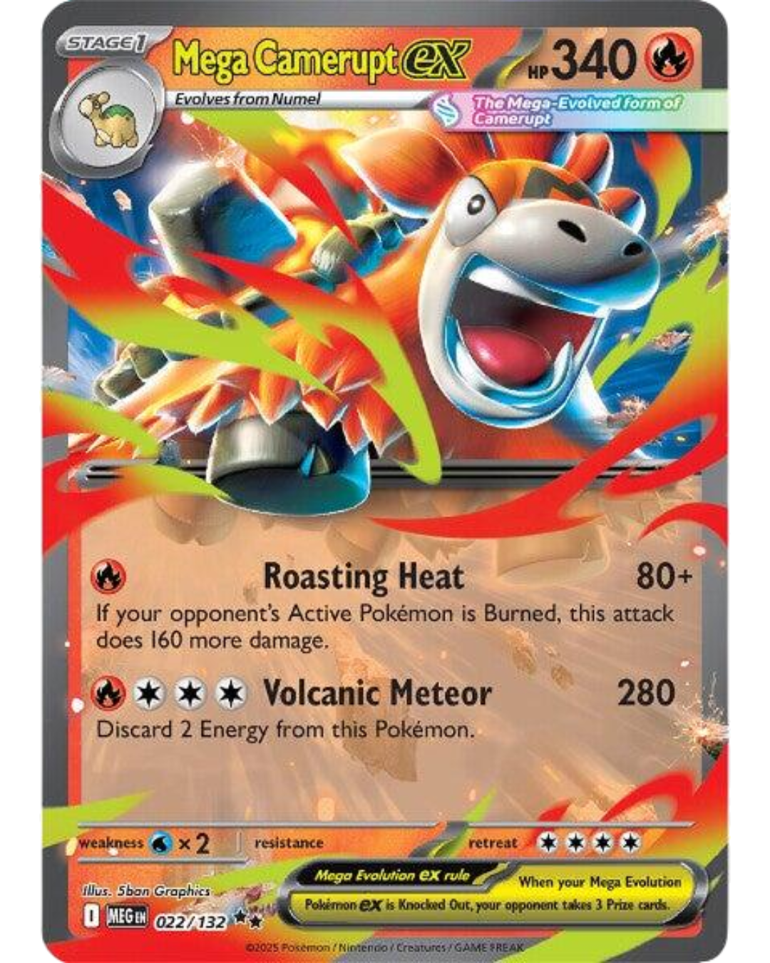 VaultifyUK Mega Camerupt ex 022/132 Pokémon TCG card featuring vibrant fire-type artwork and Mega Evolution mechanics.