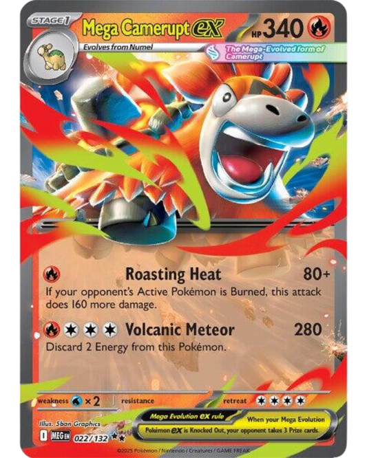 VaultifyUK Mega Camerupt ex 022/132 Pokémon TCG card featuring vibrant fire-type artwork and Mega Evolution mechanics.
