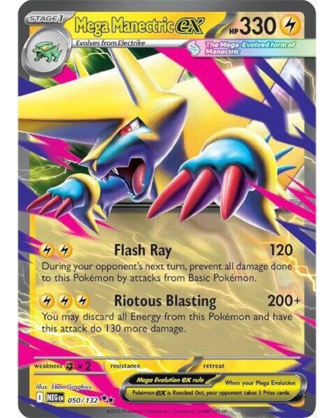 VaultifyUK Mega Manectric ex 050/132 Holo Rare Pokémon card featuring electric yellow and blue artwork