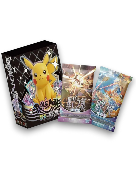 VaultifyUK Mengka V2 Pikachu collectible card booster packs with vibrant character artwork and display box.
