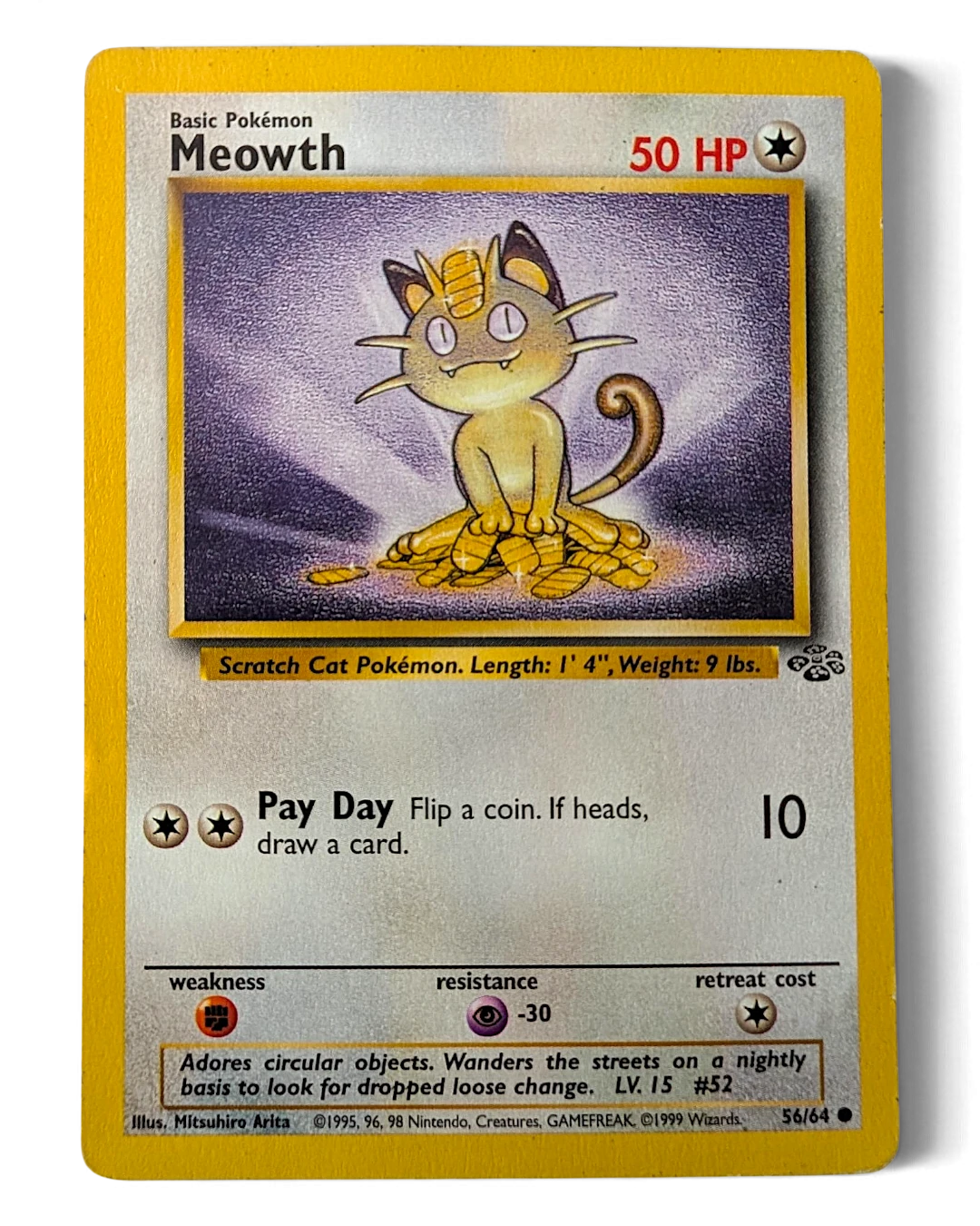 VaultifyUK 1999 Jungle set Meowth 56/64 Pokémon card featuring the classic Scratch Cat Pokémon illustration.