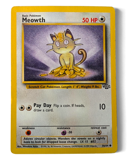 VaultifyUK 1999 Jungle set Meowth 56/64 Pokémon card featuring the classic Scratch Cat Pokémon illustration.
