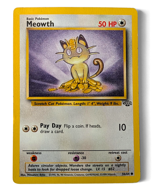 VaultifyUK 1999 Jungle set Meowth 56/64 Pokémon card featuring the classic Scratch Cat Pokémon illustration.