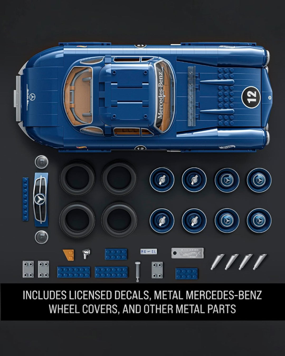 VaultifyUK Hot Wheels Mercedes-Benz 300 SL brick model kit with blue car body, metal wheel covers, and racing decals.