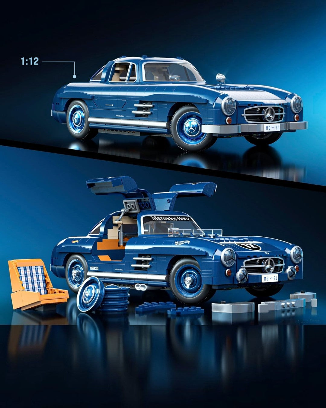 VaultifyUK Mattel Brick Shop Hot Wheels Mercedes-Benz 300 SL building set with gullwing doors and blue brick details.