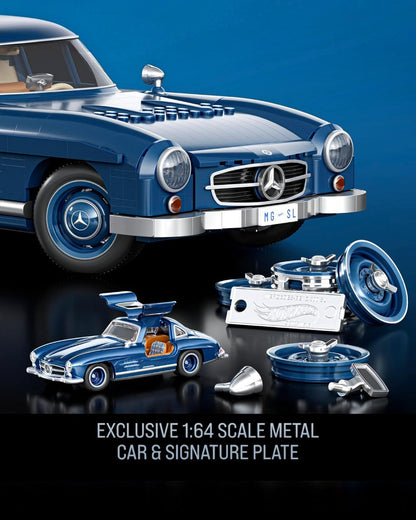 VaultifyUK Hot Wheels Mercedes-Benz 300 SL brick model with 1:64 scale metal car, signature plate, and wheel covers.