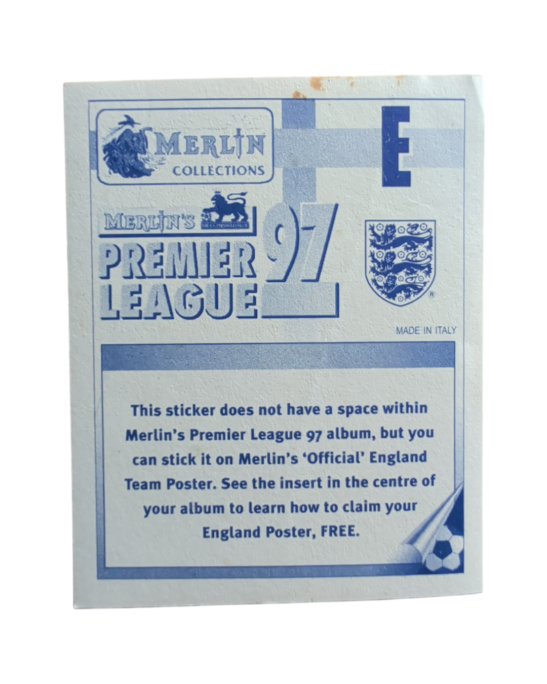 Back of Merlin Premier League 97 England Poster sticker E, showing Merlin Collections branding and instructions.