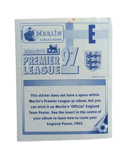 Back of Merlin Premier League 97 England Poster sticker E, showing Merlin Collections branding and instructions.