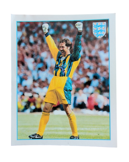 Merlin Premier League 97 England Poster sticker E, goalkeeper celebrating with arms raised.