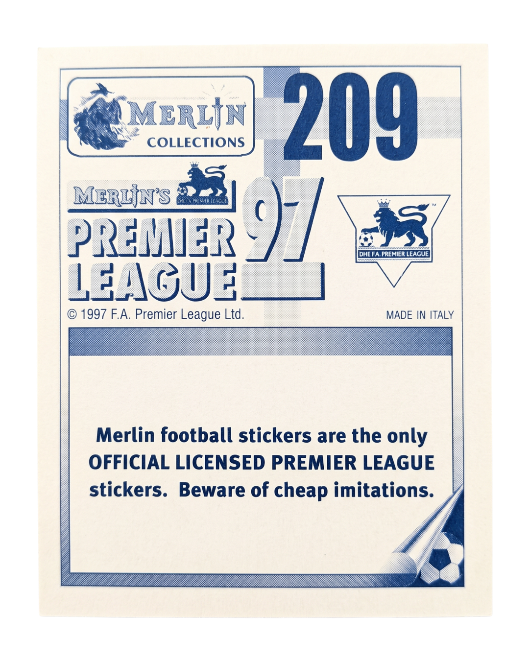 Back of VaultifyUK 1997 Merlin Premier League Tony Yeboah sticker featuring official branding and copyright details