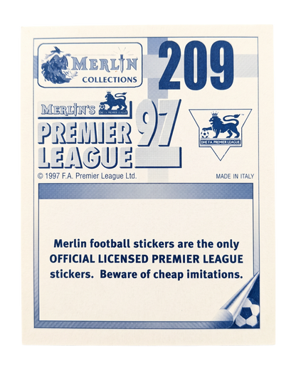 Back of VaultifyUK 1997 Merlin Premier League Tony Yeboah sticker featuring official branding and copyright details
