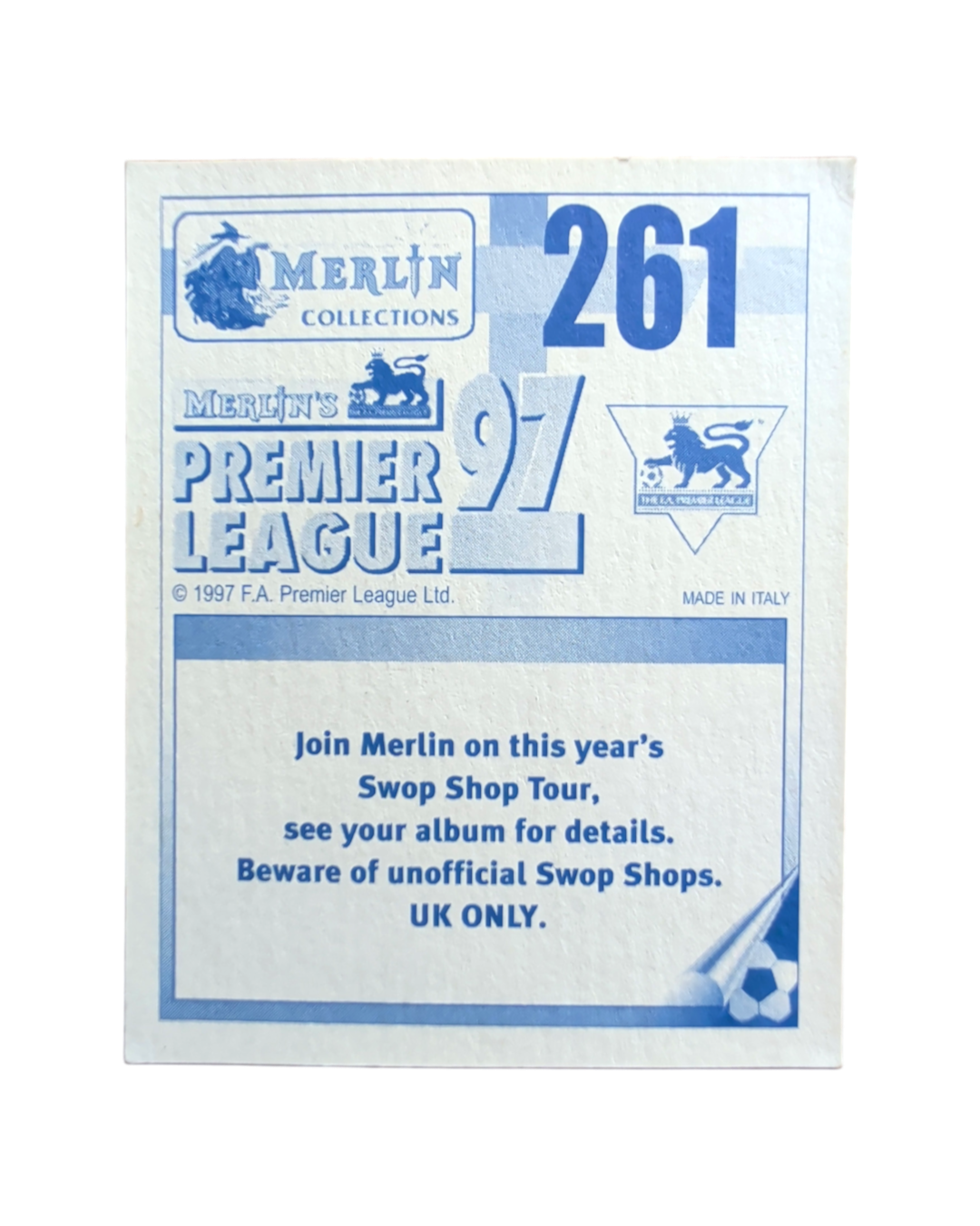 VaultifyUK 1997 Merlin Premier League Patrik Berger #261 Overseas Player foil sticker back view