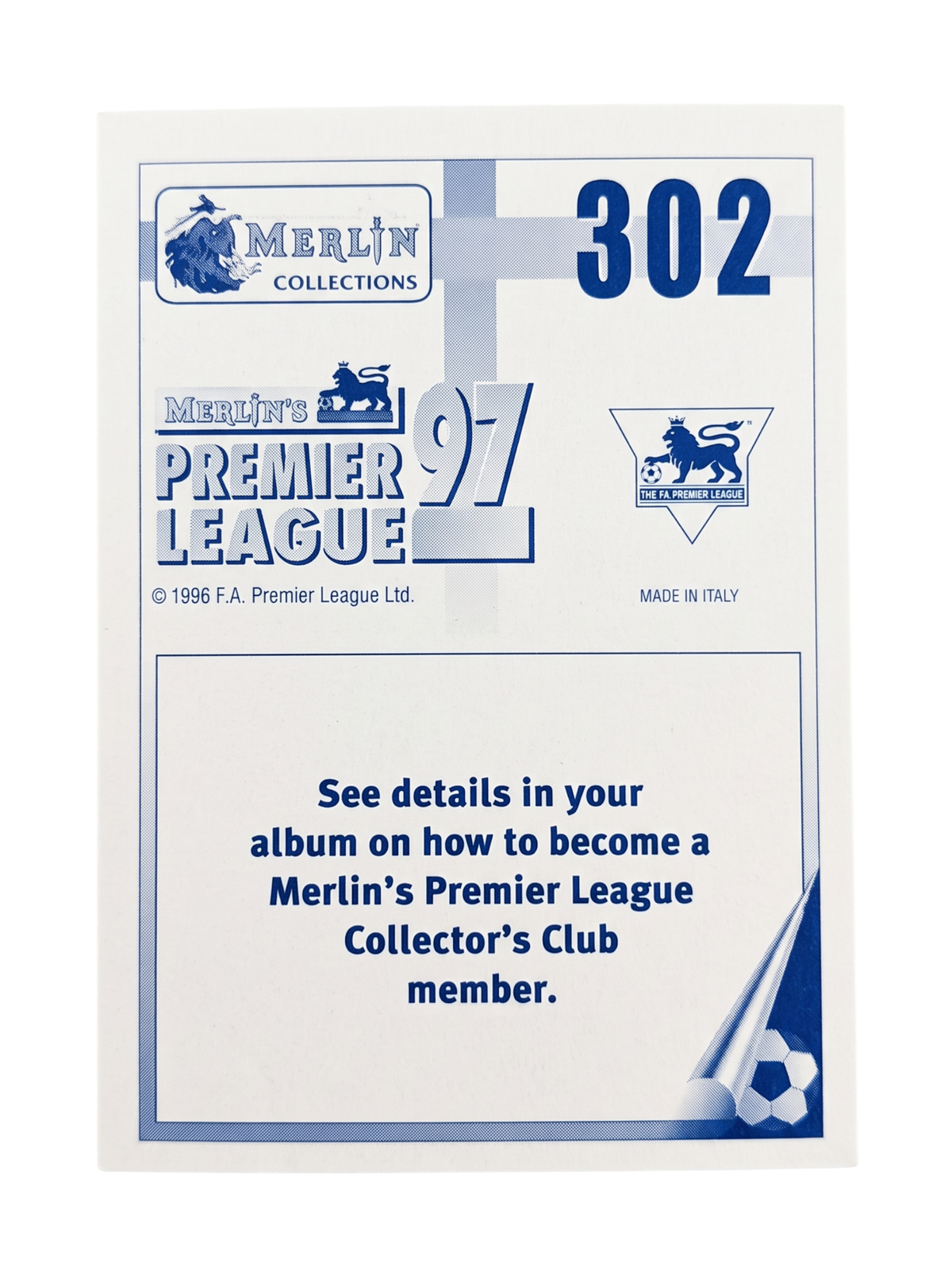 VaultifyUK 1997 Merlin Premier League Peter Schmeichel sticker back showing official branding and collector details