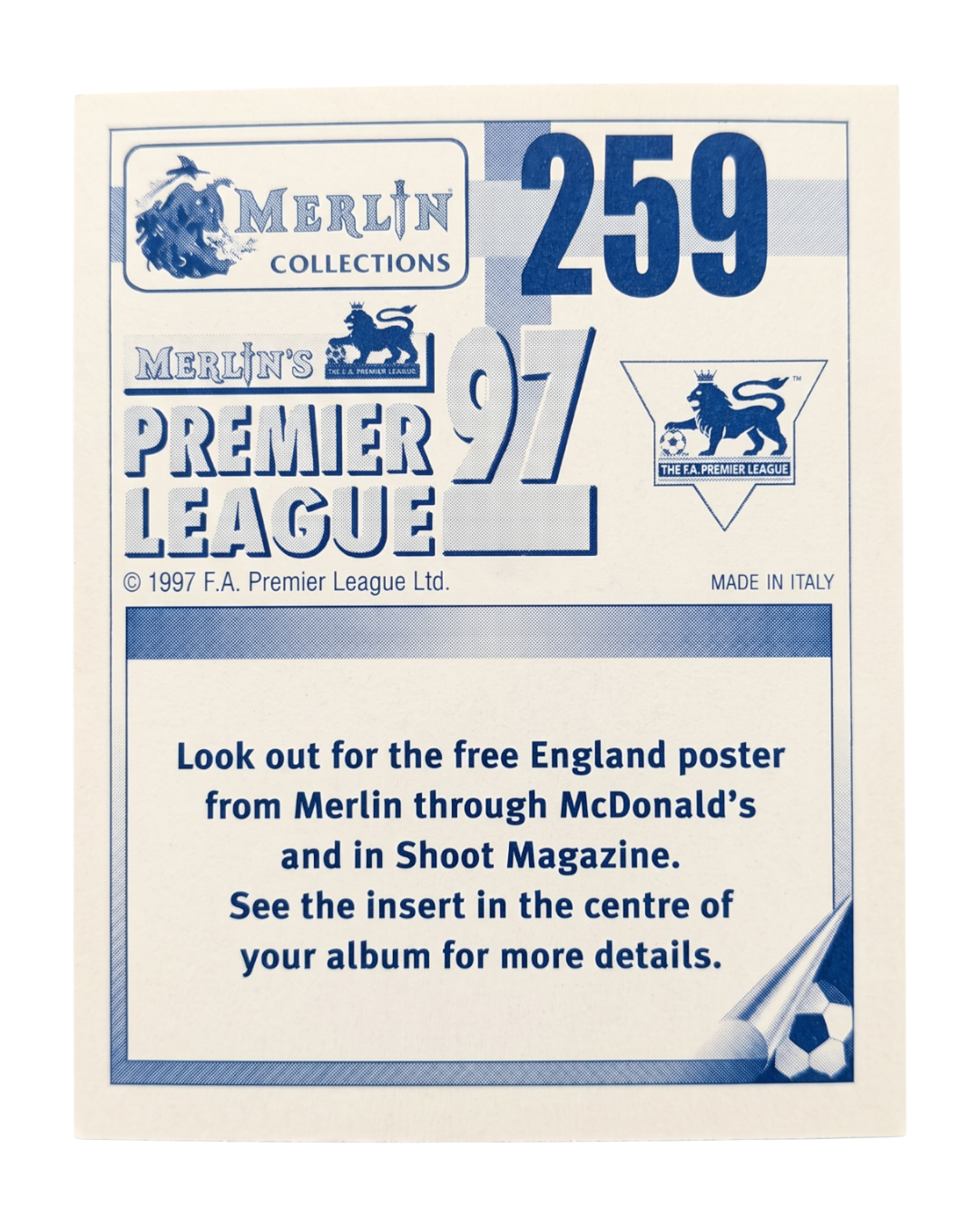 VaultifyUK 1997 Merlin Premier League Robbie Fowler sticker back showing branding and promotional text