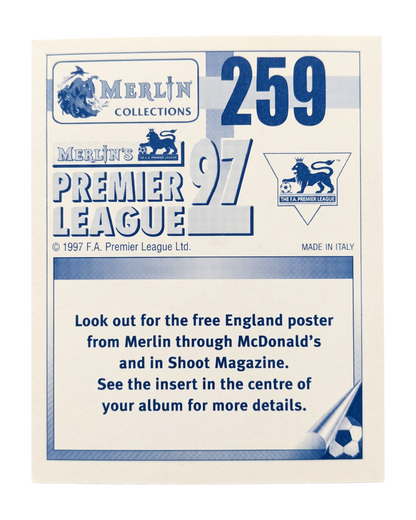 VaultifyUK 1997 Merlin Premier League Robbie Fowler sticker back showing branding and promotional text