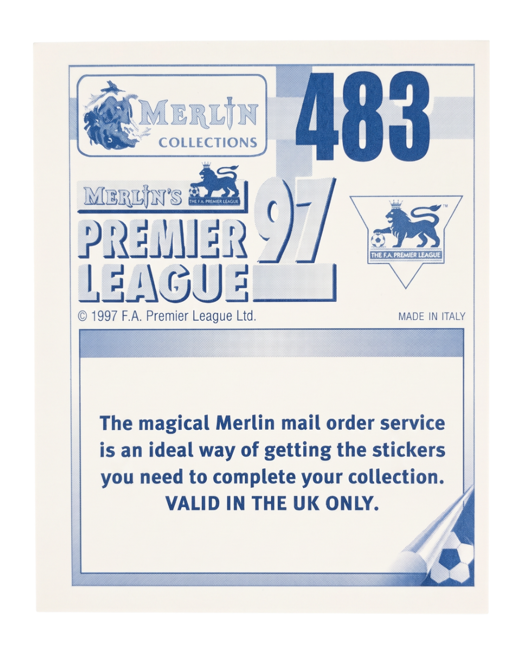 VaultifyUK 1997 Merlin Premier League sticker back featuring card number 483 and mail order service information
