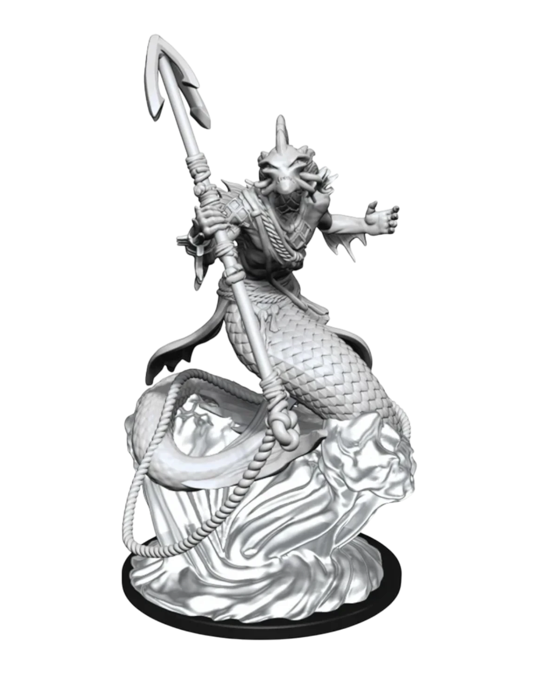 VaultifyUK Critical Role Merrow Shallowpriest unpainted miniature holding a trident on a sculpted wave base