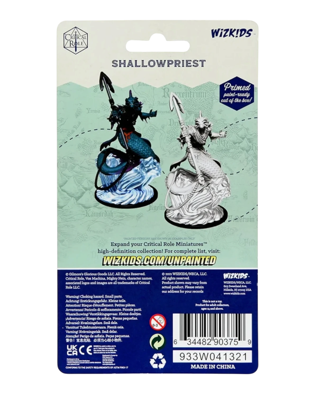 VaultifyUK Critical Role Merrow Shallowpriest unpainted miniature figure on a sculpted wave base with water effect.