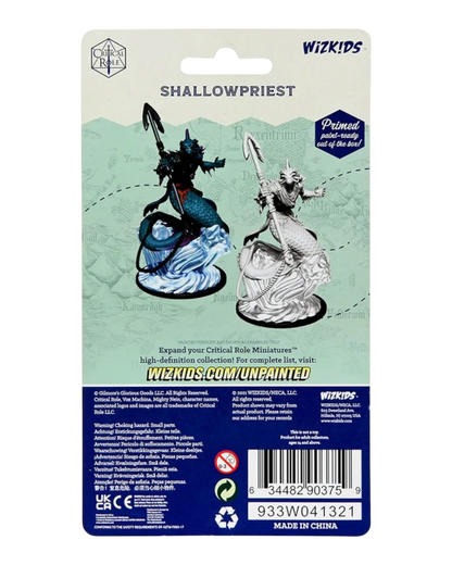 VaultifyUK Critical Role Merrow Shallowpriest unpainted miniature figure on a sculpted wave base with water effect.
