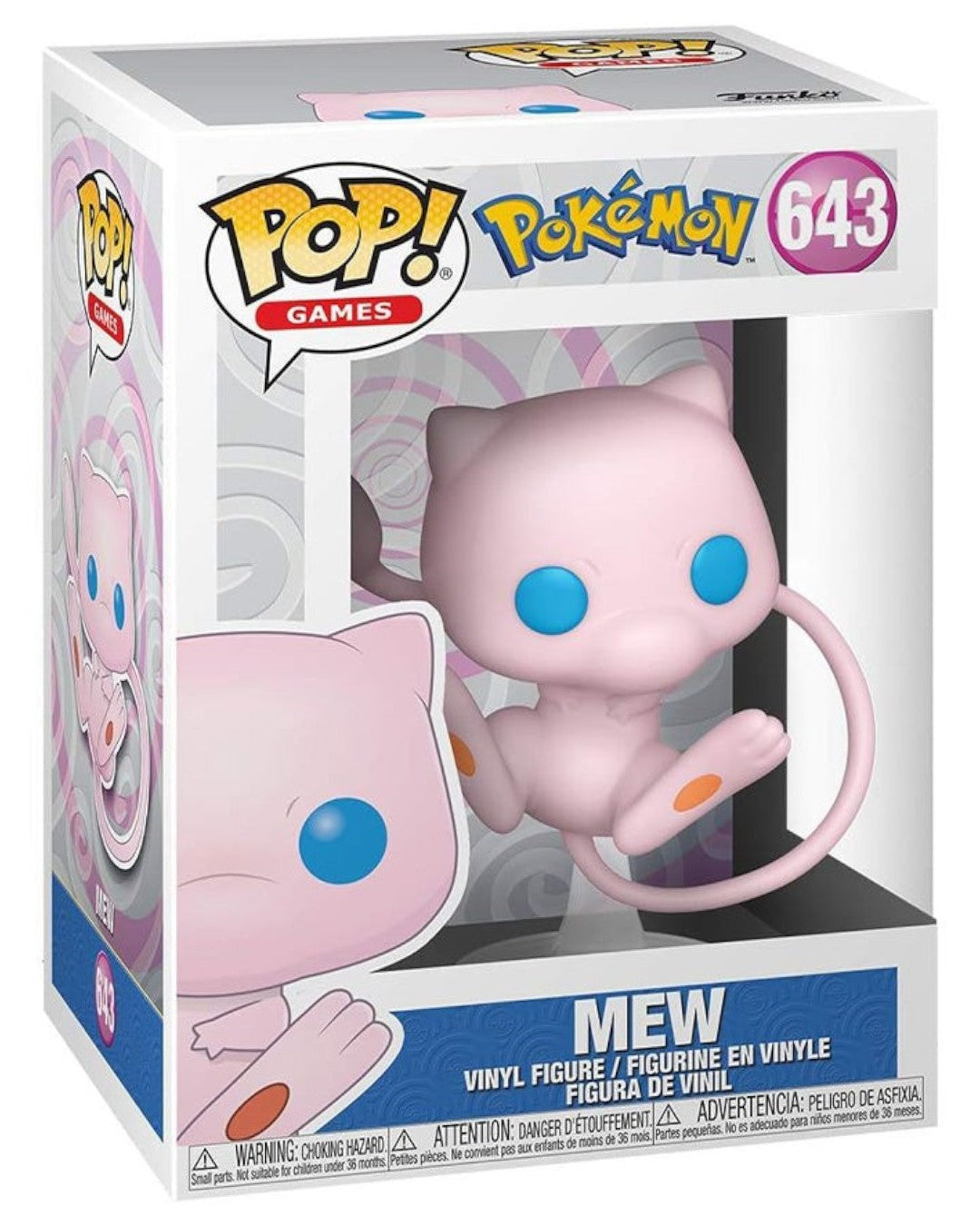 VaultifyUK Funko Pop! Mew #643 vinyl figure in a floating pose with pale pink body and blue eyes in display box