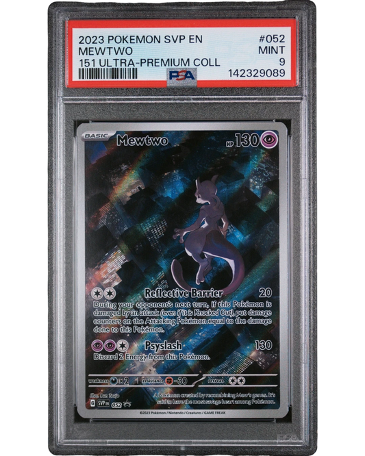 VaultifyUK 2023 Pokemon Mewtwo 052 Black Star Promo card in a PSA 9 Mint slab featuring holographic city artwork