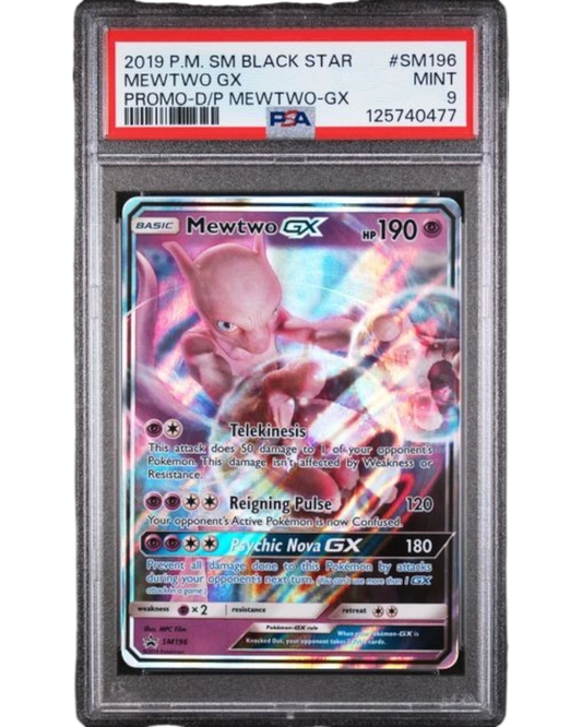 VaultifyUK PSA 9 Mint graded Mewtwo GX SM196 Black Star Promo Pokémon card in a protective slab