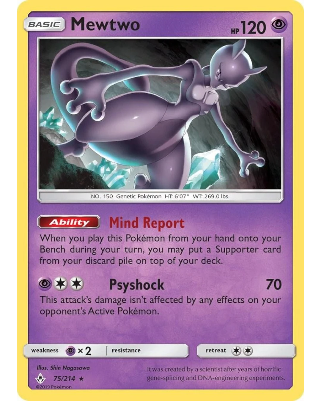 VaultifyUK Mewtwo 75/214 Pokémon TCG card from Unbroken Bonds set featuring purple psychic type artwork