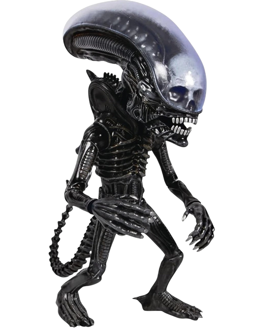 VaultifyUK Mezco Designer Series Alien Xenomorph action figure with glossy black biomechanical detail and domed head