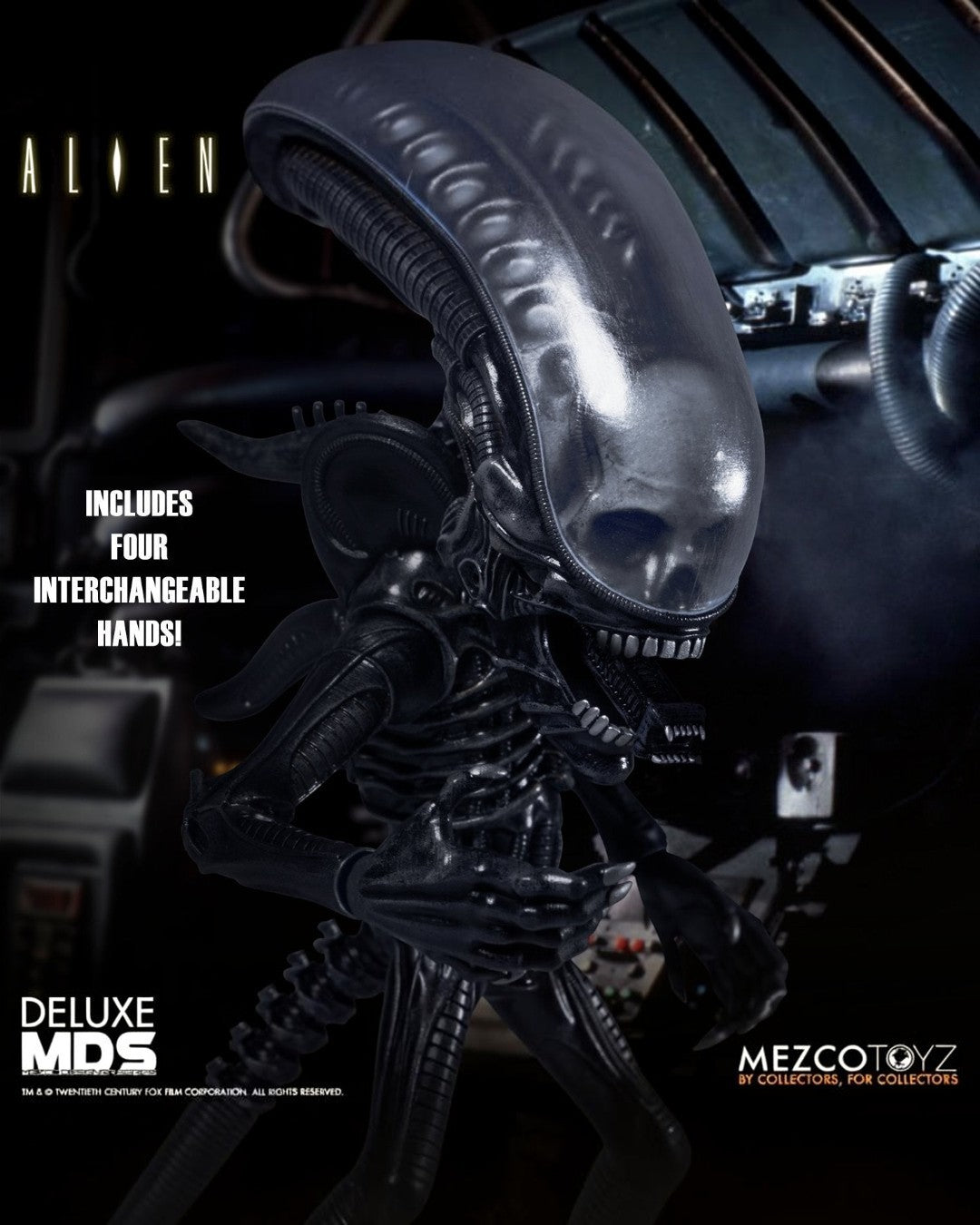 VaultifyUK Mezco Designer Series Alien Xenomorph action figure with glossy black biomechanical detail and domed head