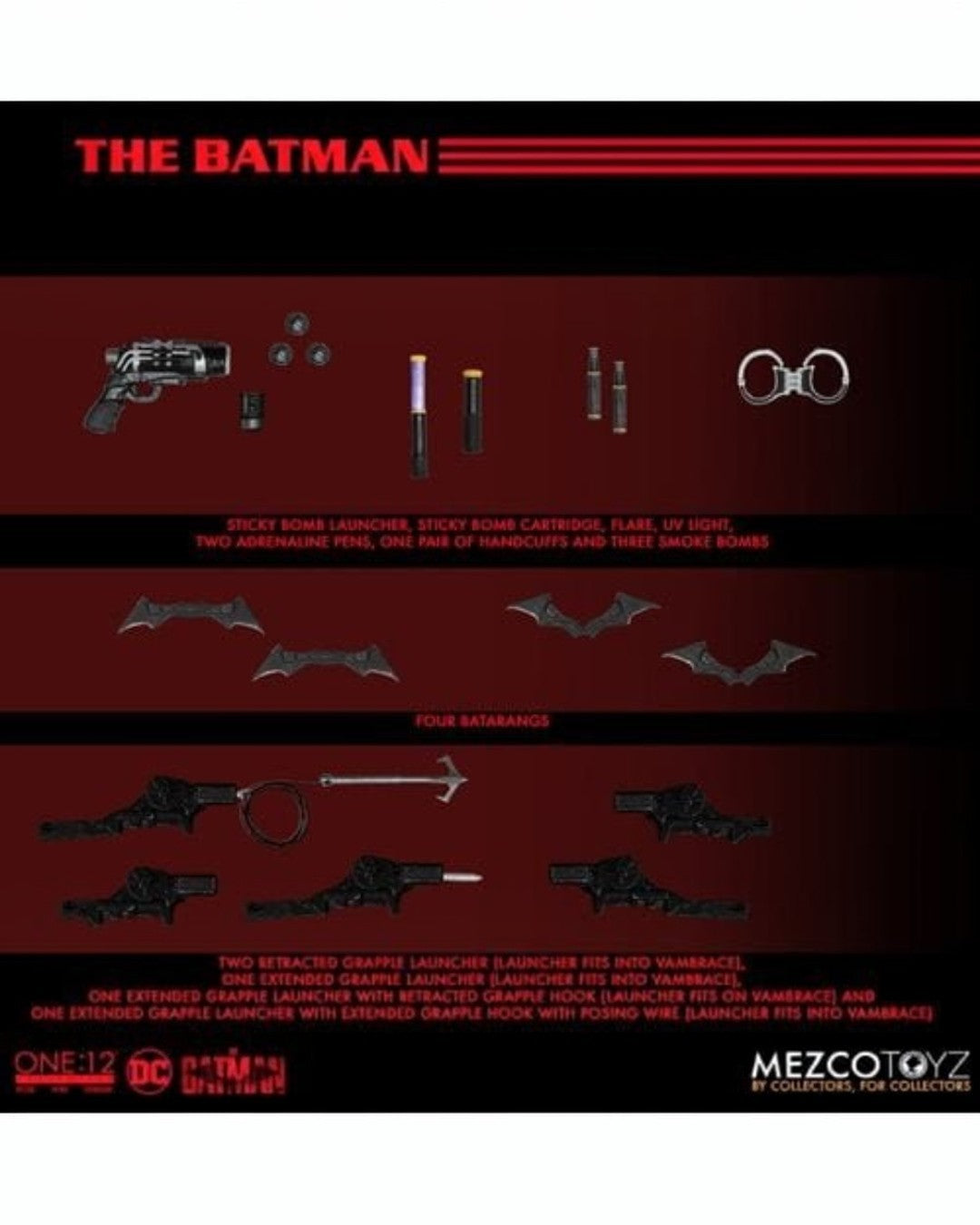 VaultifyUK Mezco The Batman One:12 Collective action figure accessories including batarangs, grapple guns, and gadgets.