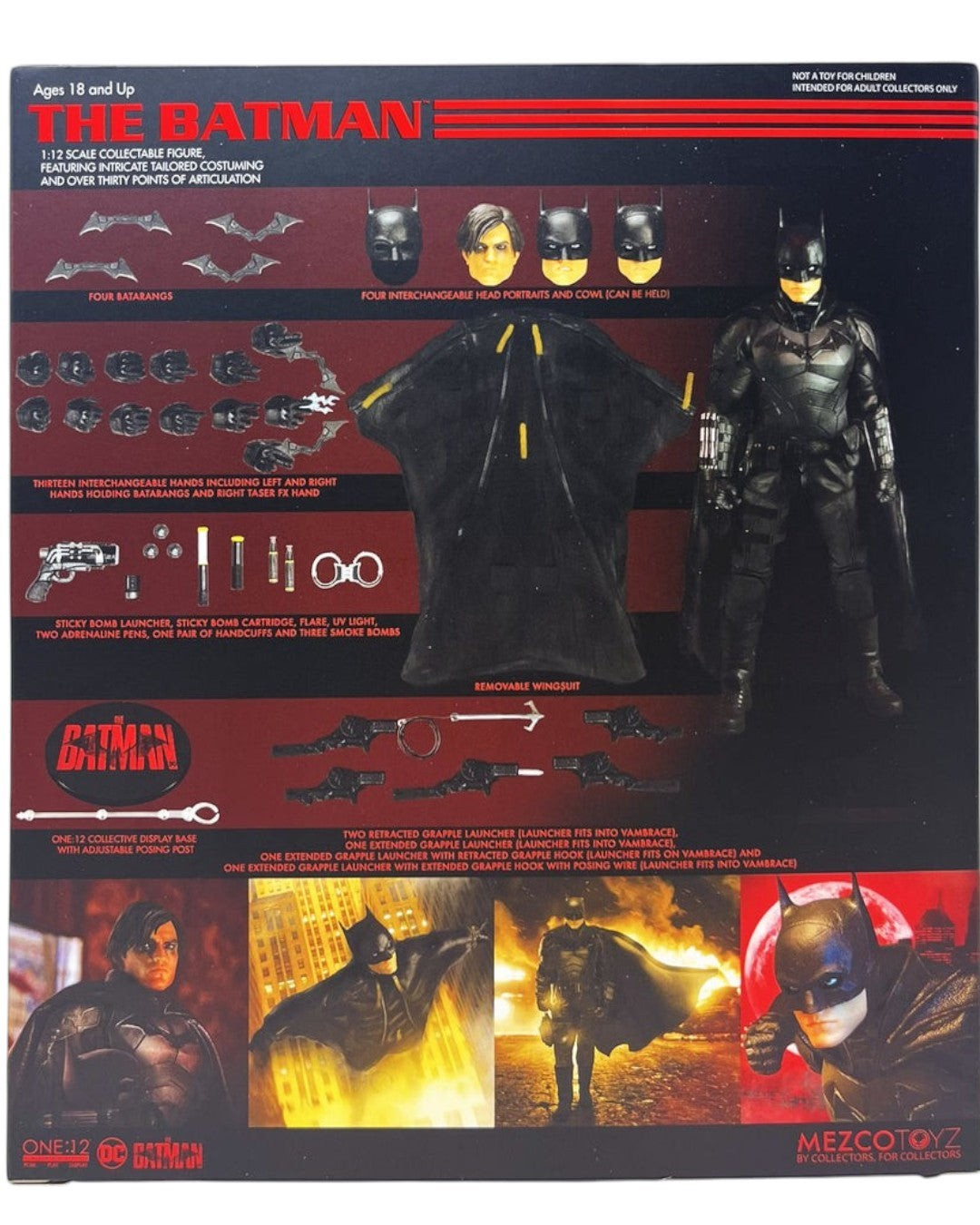 VaultifyUK Mezco One:12 Collective The Batman action figure set with accessories, interchangeable heads, and gear.