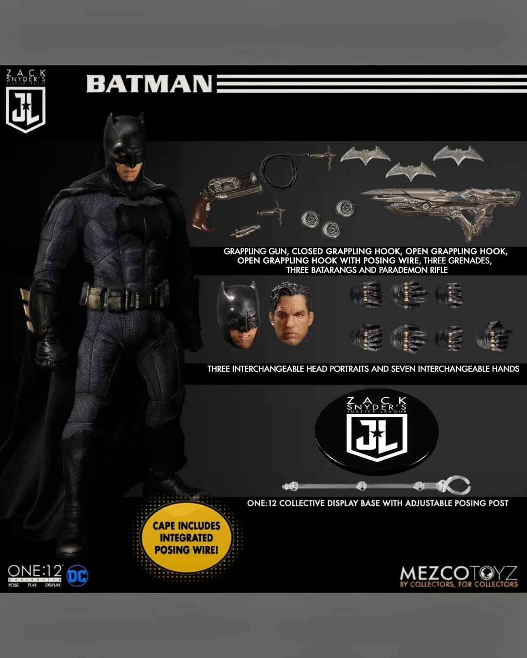 VaultifyUK Mezco One:12 Collective Batman figure with interchangeable heads, hands, and detailed utility accessories.