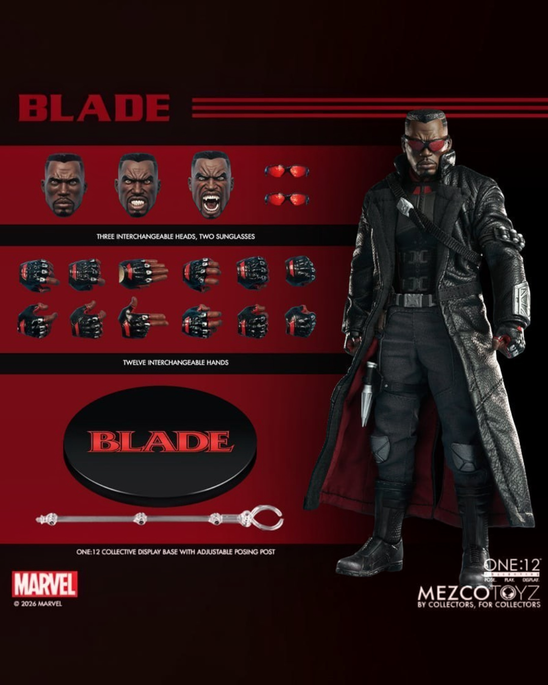 VaultifyUK Mezco One:12 Collective Blade Midnight Sons action figure with interchangeable heads, hands, and accessories.