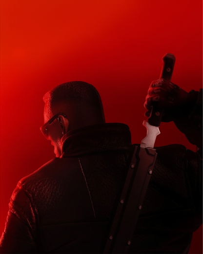 VaultifyUK Mezco One:12 Collective Blade figure in a black trench coat holding a sword against a red background