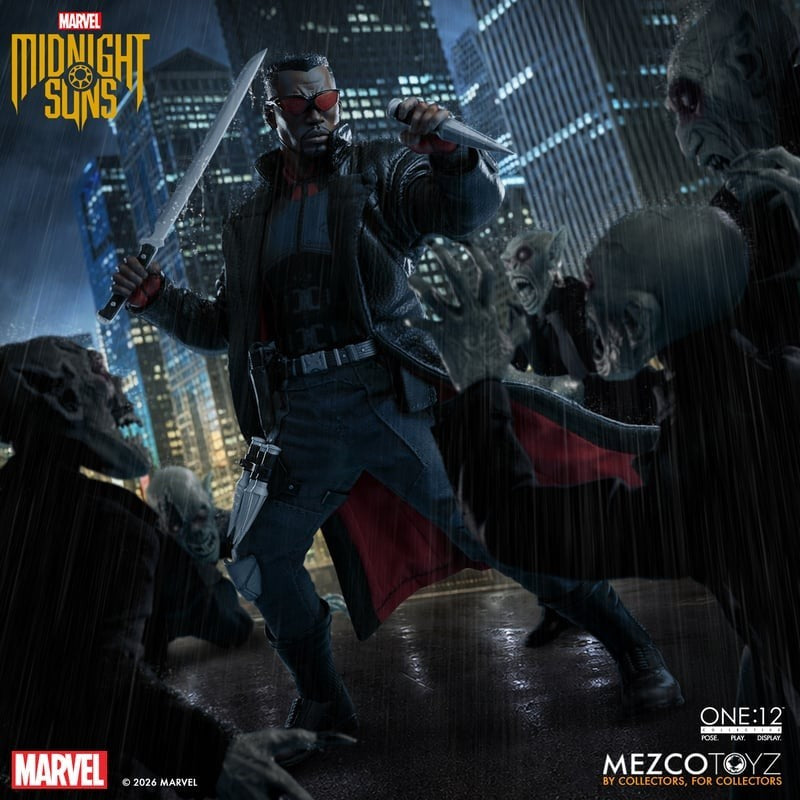 VaultifyUK Mezco One:12 Collective Blade action figure in a 1990s Midnight Sons trench coat fighting vampires