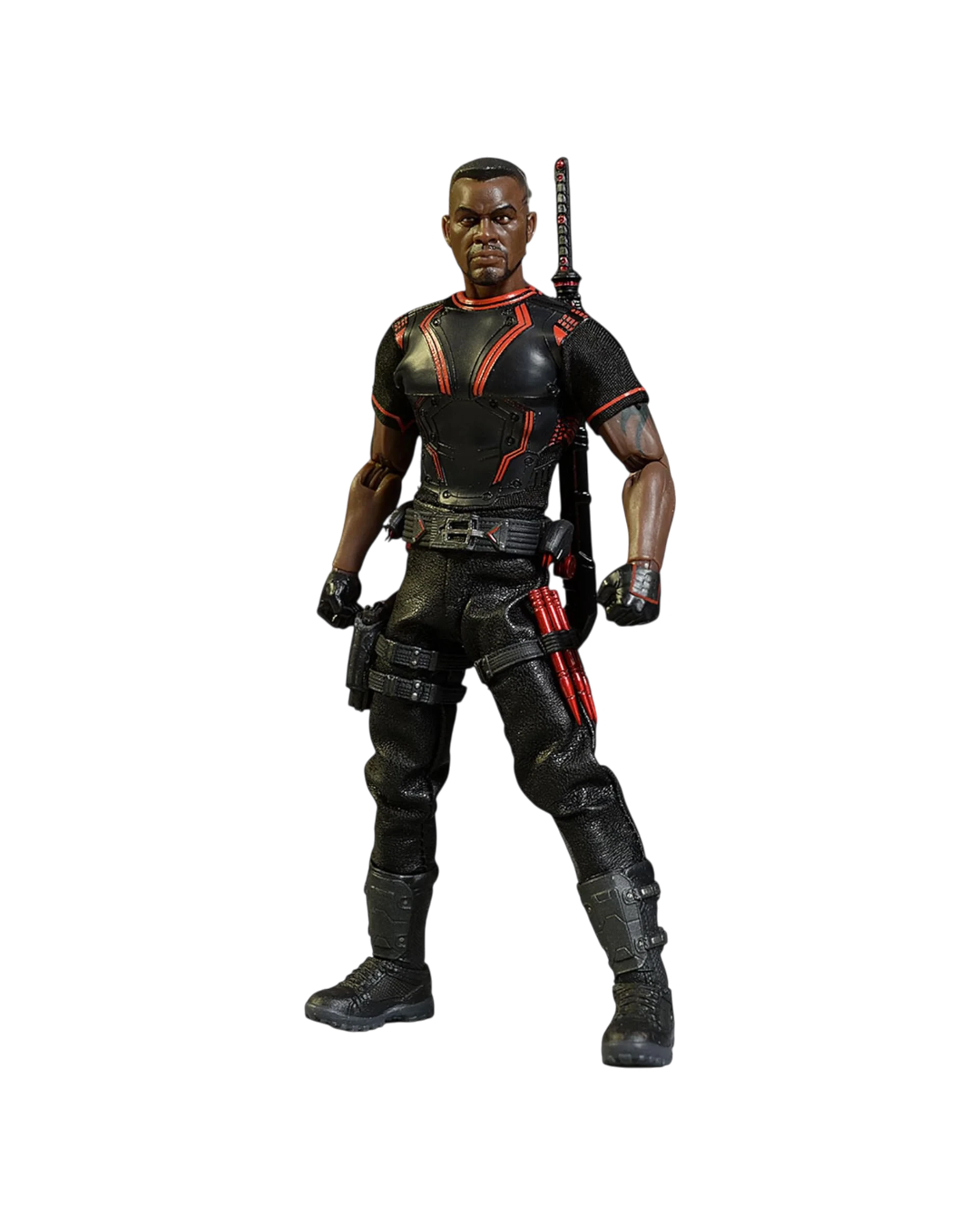 VaultifyUK Mezco One:12 Collective Blade Midnight Sons action figure in black tactical gear with red accents