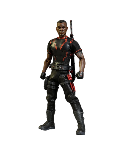VaultifyUK Mezco One:12 Collective Blade Midnight Sons action figure in black tactical gear with red accents
