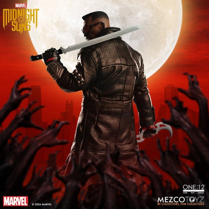 VaultifyUK Mezco One:12 Collective Blade figure in a textured leather trench coat holding a katana against a red moon