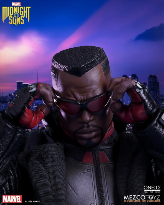 VaultifyUK Mezco One:12 Collective Blade figure wearing red-tinted sunglasses against a purple sunset city backdrop