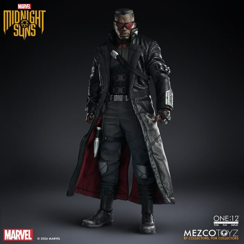 VaultifyUK Mezco One:12 Collective Blade Midnight Sons action figure wearing a black trench coat with red lining.