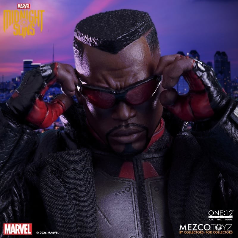 VaultifyUK Mezco One:12 Collective Blade figure from Midnight Sons wearing red-tinted sunglasses and black gear