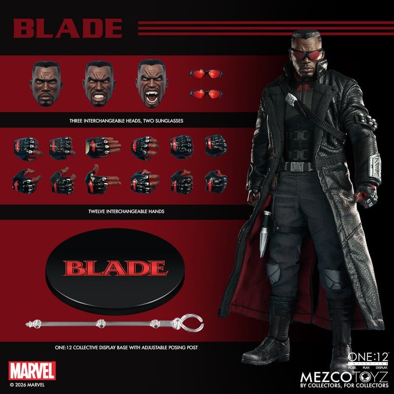 VaultifyUK Mezco One:12 Collective Blade Midnight Sons action figure with interchangeable heads, hands, and accessories.