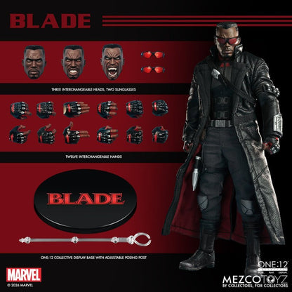 VaultifyUK Mezco One:12 Collective Blade Midnight Sons action figure with interchangeable heads, hands, and accessories.