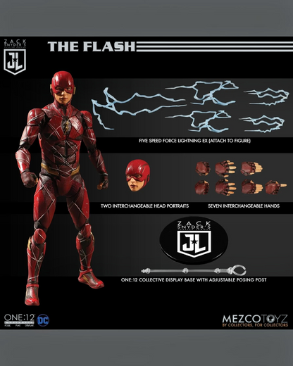 VaultifyUK Mezco One:12 Collective The Flash action figure with interchangeable heads, hands, and lightning effects.