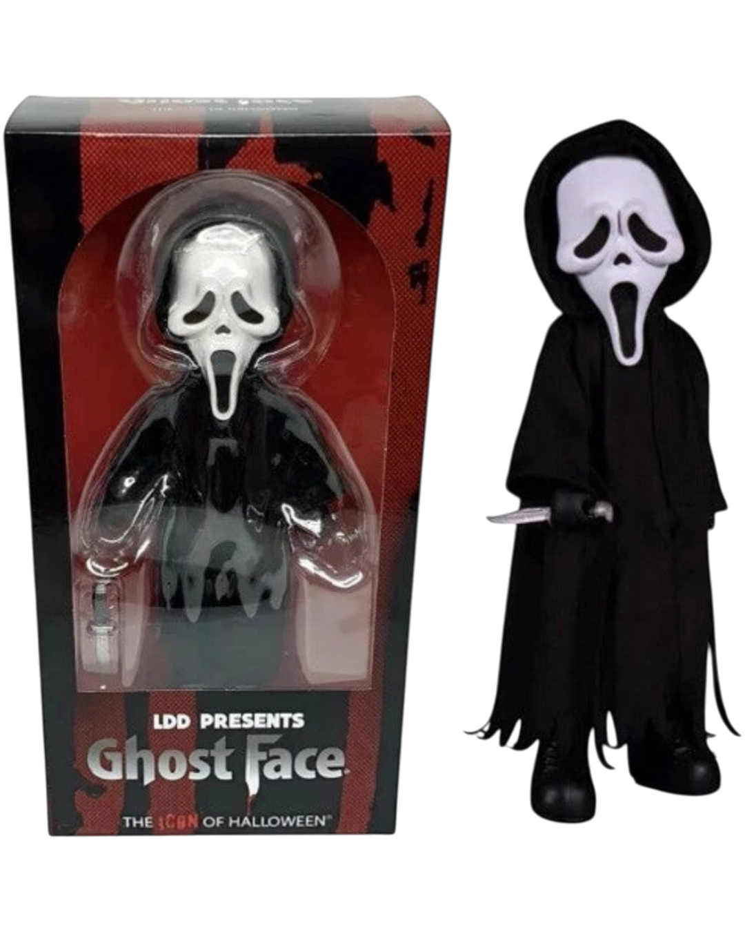 VaultifyUK Mezco Living Dead Dolls Ghostface 10-inch collectable figure with signature mask, robe, and knife accessory.