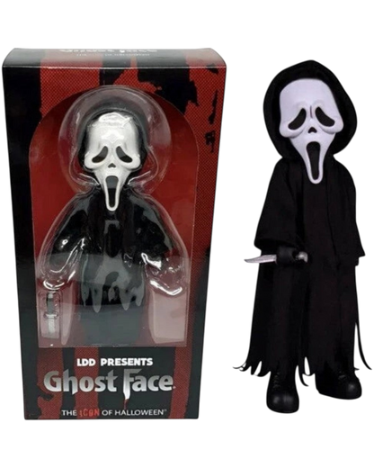 VaultifyUK Mezco Living Dead Dolls Ghostface 10-inch collectable figure with signature mask, robe, and knife accessory.
